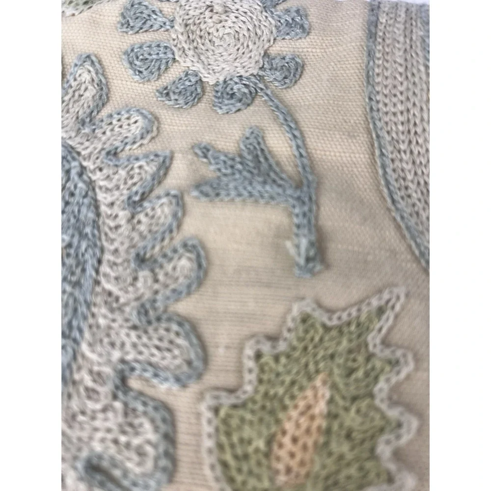 2 x Pottery Barn Aisha Embroidered Lumbar Pillow Cover Suzani Blue Cream Boho
